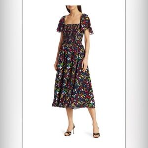 Tanya Taylor Glenda Smocked Silk Midi Dress floral size S 100% silk boho Y2K